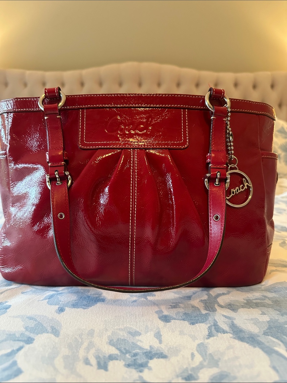 Coach Red Patent Leather Tote with Logo Charm